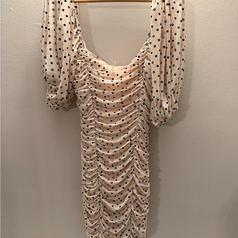 re:named Polka Dot Ruched Mesh Bodycon Puff Sleeve Dress Cream Black Large